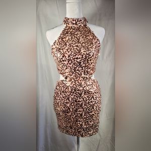 Sequin Mock Neck Cut Out Rose Pink Formal Dress